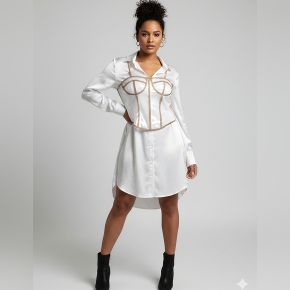 Dresses & Skirts - White Satin Dress with Brown Accents